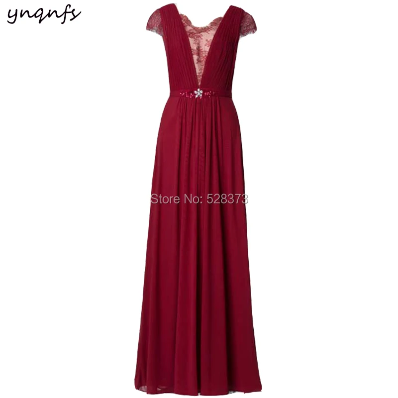 

YNQNFS M36 Elegant Lace Cap Sleeves Sexy V Neck A Line Chiffon Celebrity Party Formal Vestido Burgundy Bridesmaid Dresses