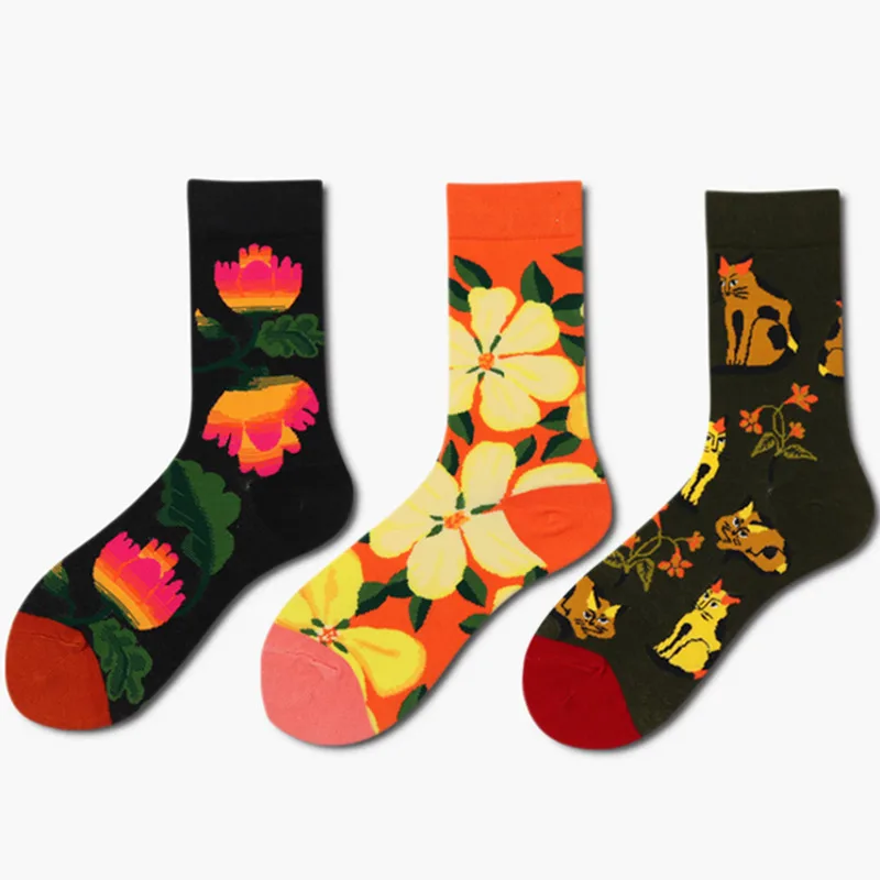 Cartoon Men Funny Bird Cat Flowers Plant Happy Skate Harajuku Street Style Hip Hop Fashion Male Cotton Casual Dress Socks