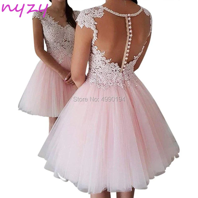 Nyzy P24 Sexy Prom Jurk Korte Roze Tulle Puffy Baljurk Sheer Backless Parels Crystal Party Dress 2019 Vestidos De coctel