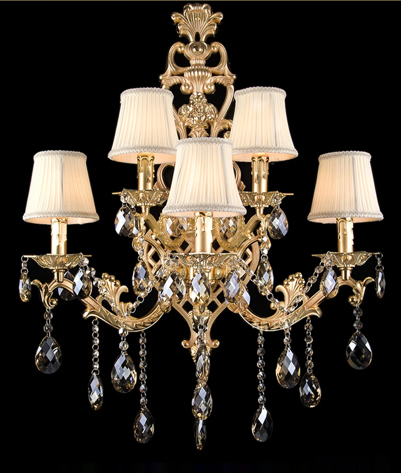 5 arms Vintage Gold Wall Lamp Hotel Large Led Wall Fixtures Crystal Wall Sconces Parlor cloth Shade Led Mirror Light Arandela