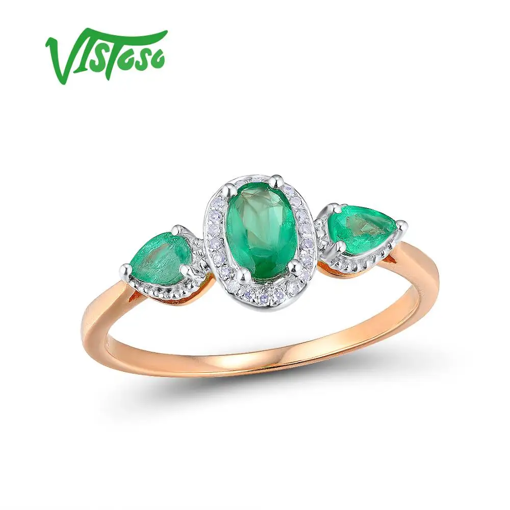 

VISTOSO Gold Rings For Women Genuine 14K 585 Rose Gold Ring Magic Emerald Sparkling Diamond Engagement Anniversary Fine Jewelry