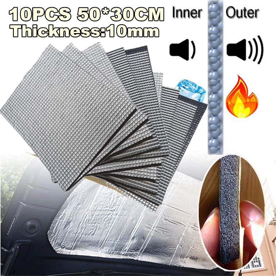 10Pcs 10mm 30*50cm Trunk Sound Deadener Road Noise Dampener Heat Barrier Mat, foam rubber with Aluminum sheet 1100(AA)