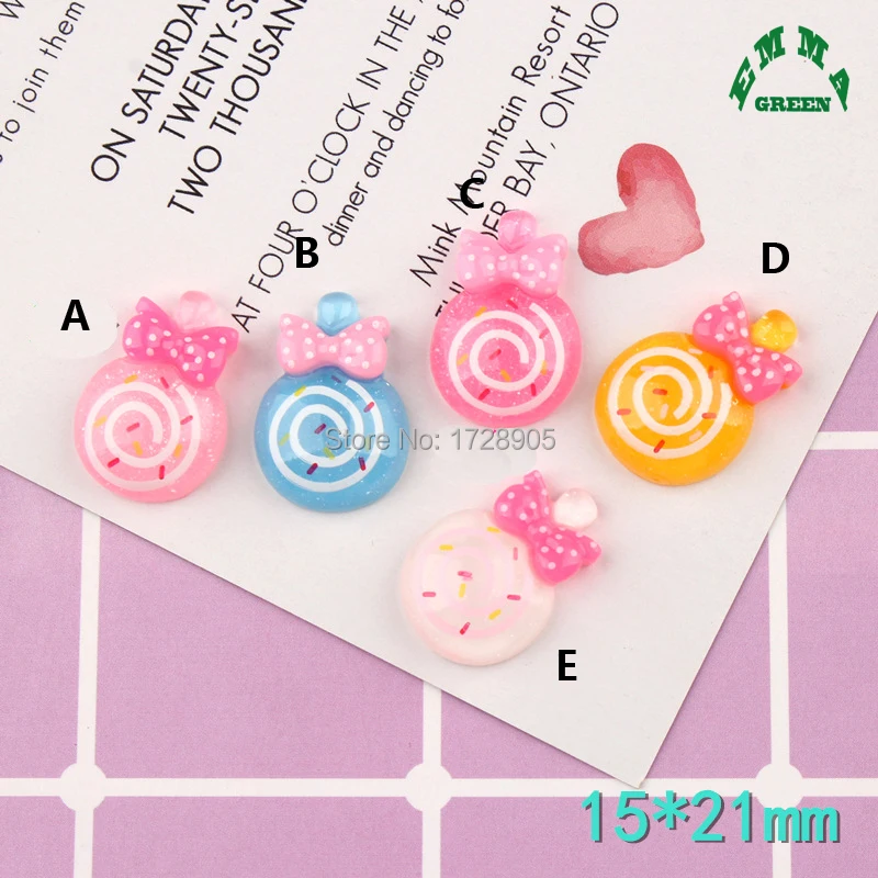 Lollipop Lolly Resin Cabochons Candy Flat back with bow Scrapbook Craft Headwear Accessories DIY Phone Decor 21 mm 10 pcs