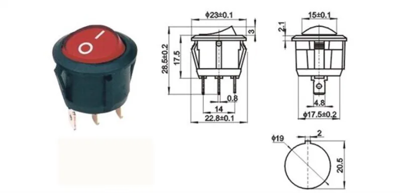 10PCS/LOT 23mm Diameter Red Light ON OFF Round Rocker Switch 3 Pins 6A/250V 10A/125V AC Power Switch KCD1-105