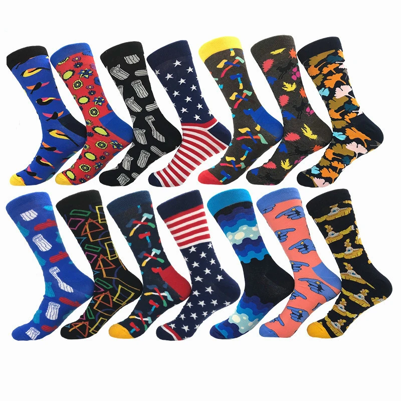 

Cartoon Bird Leaf Geometry Striped Star Jacquard Cotton Sock Happy Funny Men Harajuku Hip Hop Street Skate Black Socks Autumn