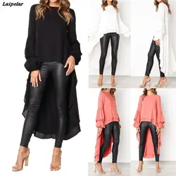 2020 Fall New Long Blouse Fashion Puff Sleeve Baggy Asymmetric Chiffon Long Shirts Lantern Long Sleeve Tops Blusa Feminina