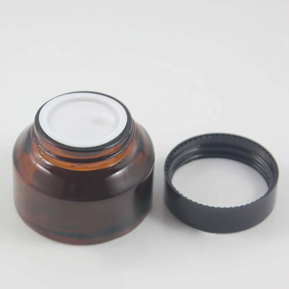 

50pcs 50g dark amber glass cream jar with black aluminum lid, glass 50g cosmetic jar for mask or eye cream,50g brown glass jar