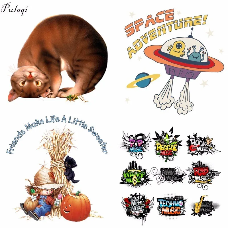 Pulaqi Alien Spaceship Iron On Transfers Patches Rock&roll Listen The Music Heat Thermal Transfer For Kids Pillow DIY Decor F