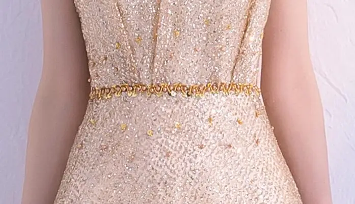 BANVASAC Pearls O Neck 2019 Gold Sequined A Line Long Evening Dresses Elegant Illusion Zipper Back Party Prom Gowns