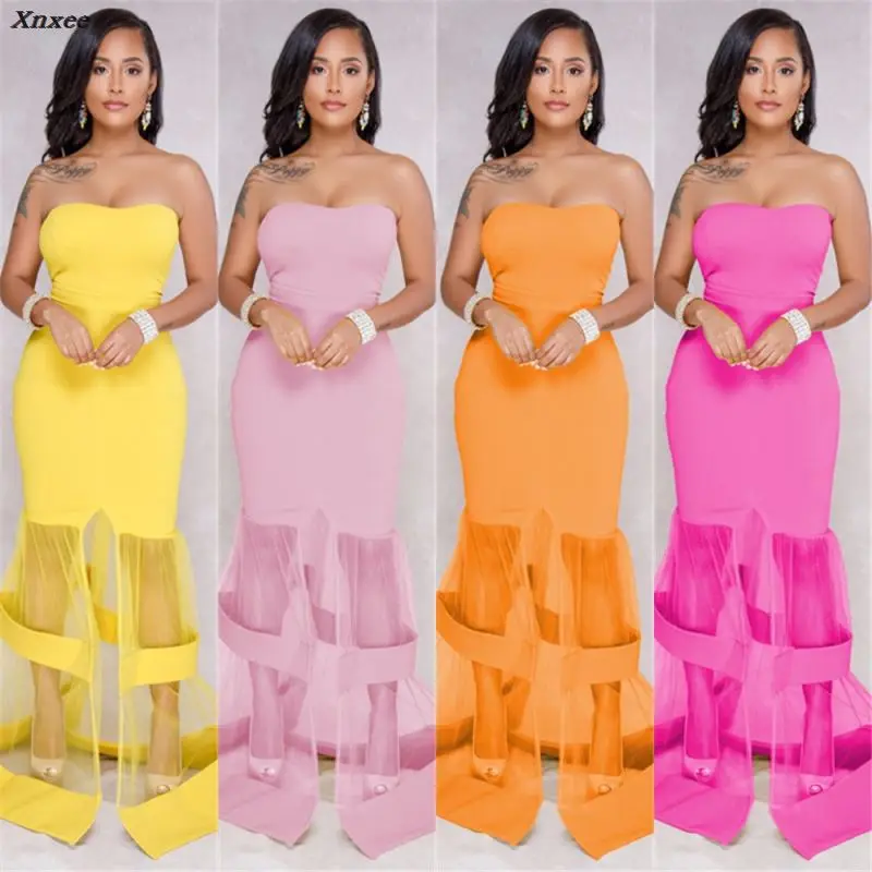 

Mesh Patchwork Front Split Long Mermaid Dress Sexy Strapless Sleeveless Back Zipper Maxi Party Dresses Women Vestido Longo Xnxee