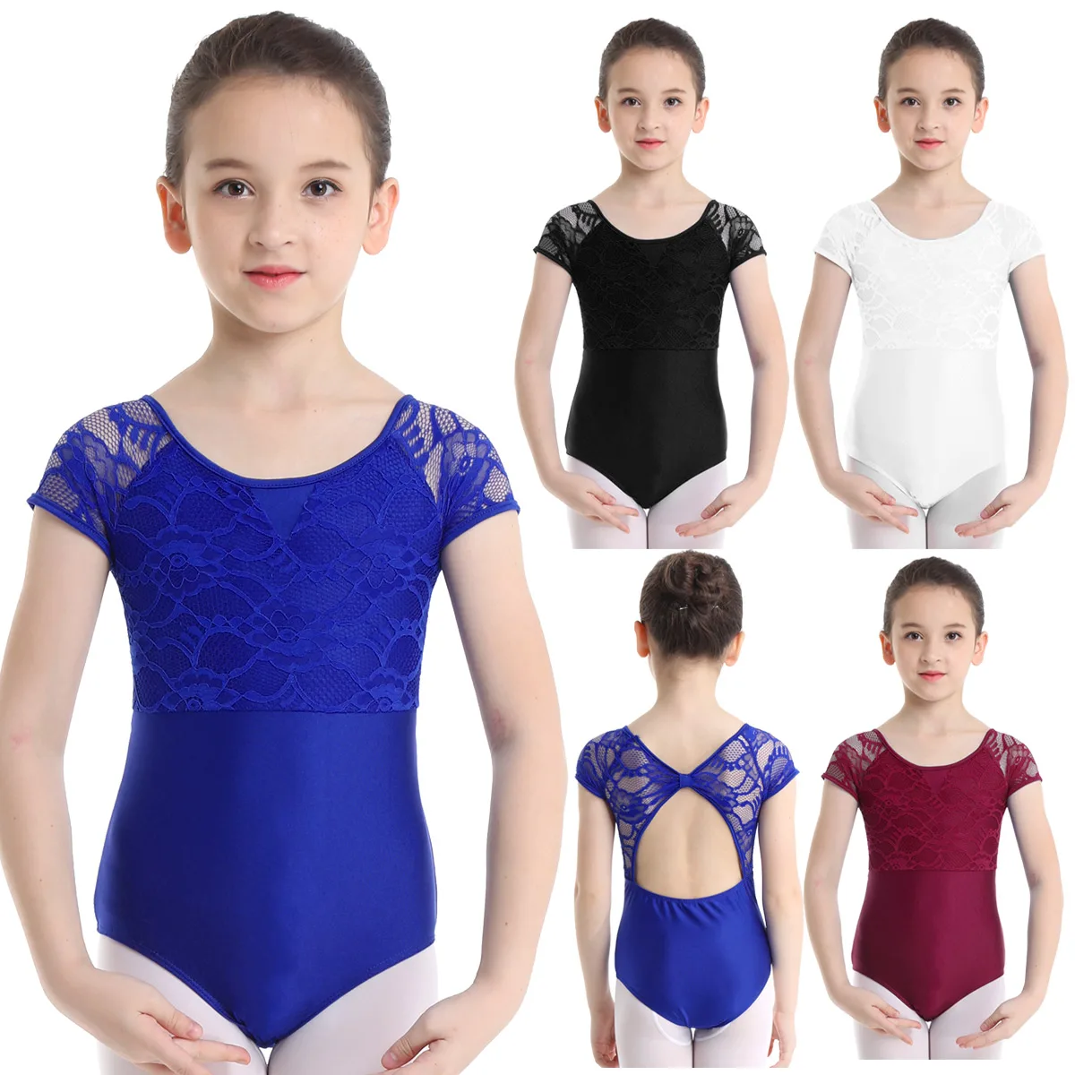 IIXPIN Kids Girls Gymnastics Leotard Ballet Dance Costumes Short Sleeves Floral Lace Bowtie Shaped Back Ballet Dance Jumpsuit