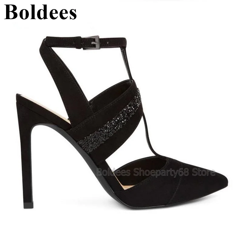 Fashion Black Suede Leather With Crystals T-Straps Women Buckle  Designer Pumps Party Shoes Pointed Toe Sling BackHigh Heels