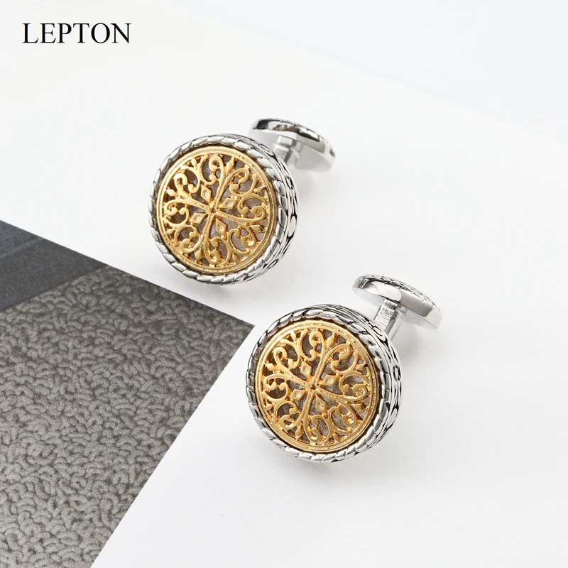 LEPTON Vintage Cufflinks For Mens Gold & Silver Color Baroque Whale Back Closure Cuff Links Wedding Business Cufflink Gemelos