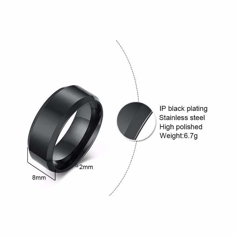 Vnox 8mm Classic Black Ring for Men Women Glossy Surface Stainless Steel Wedding Band Casual Anel