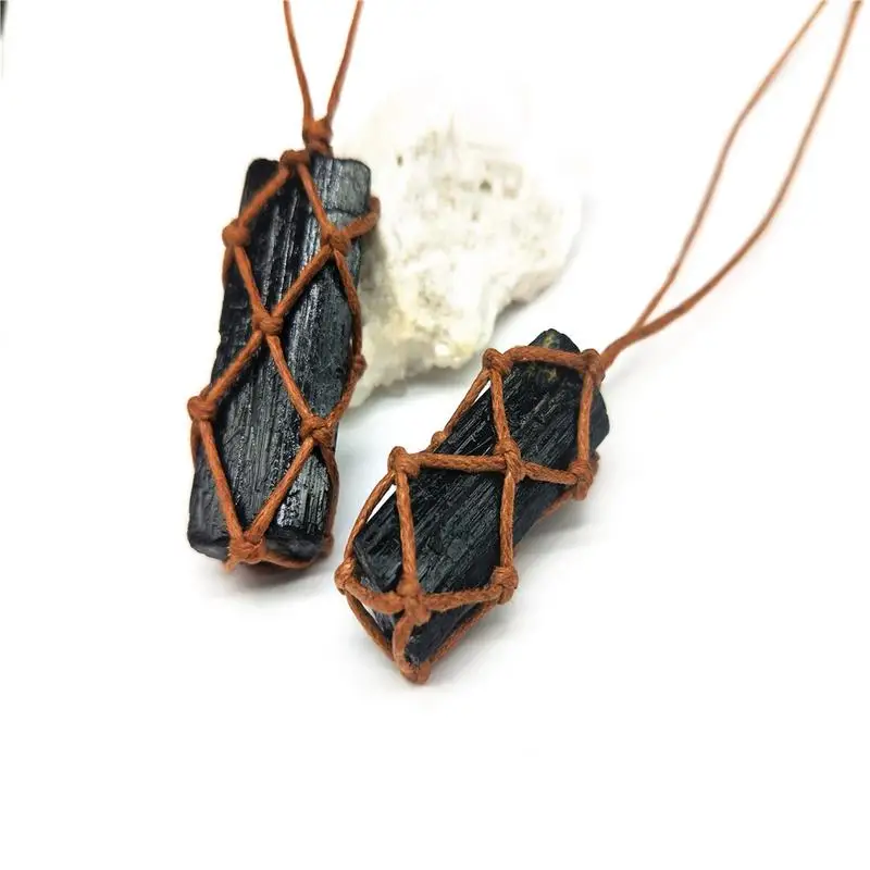 1 Pcs Natural Black Tourmaline Retro Raw Gemstone Pendant Crystal Hand-Woven Jet Stone Ore Radiation Protection Stone Craft