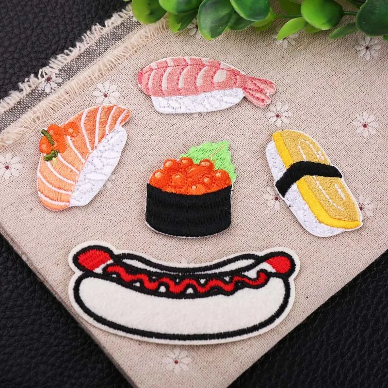 PGY 1PCS Cheap Hot dog Salmon Sushi Small octopus Embroidery Bread Patches for Clothing Iron Kids Clothes Appliques Badge