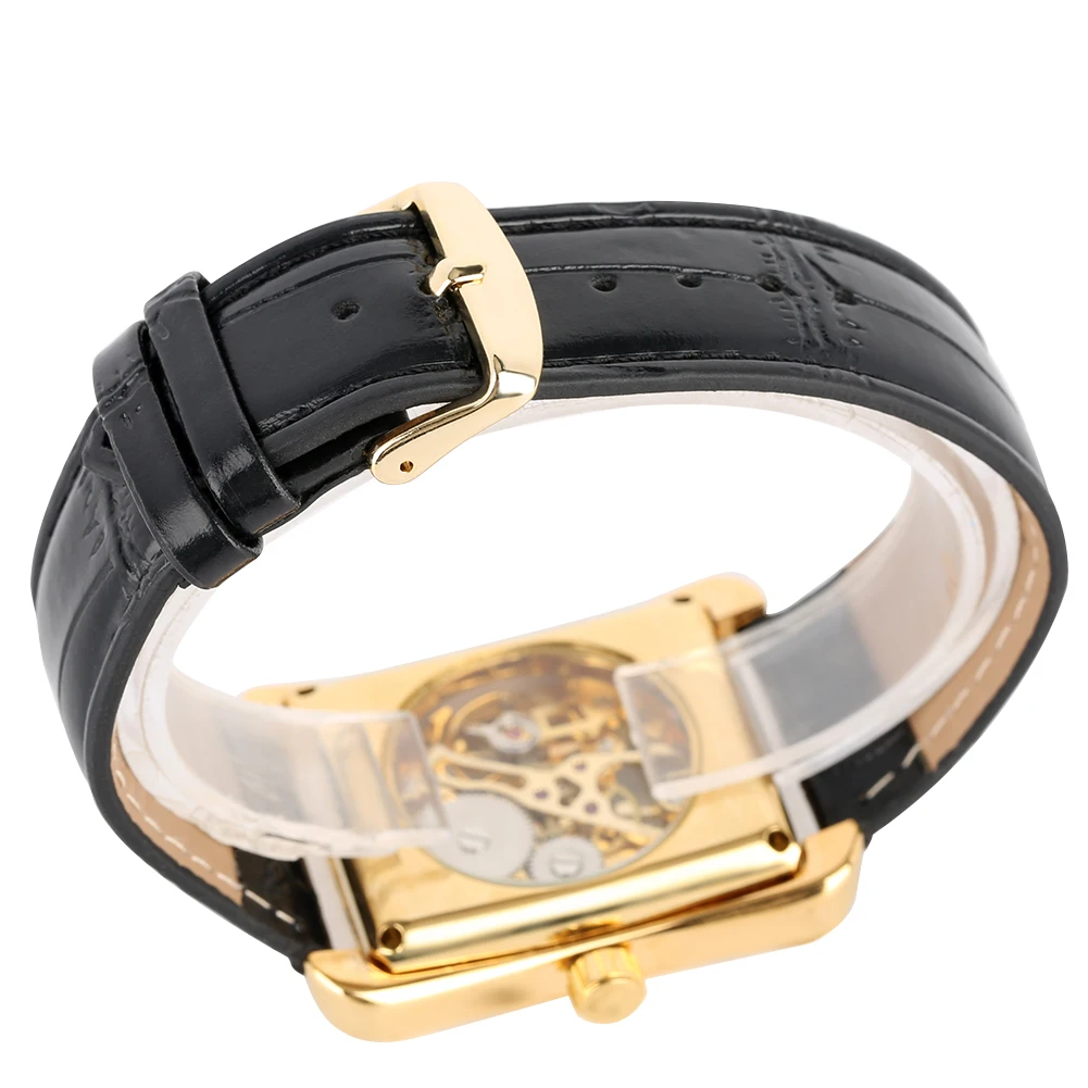 Men\'s Mechanical Watches With Hand-Wind Rectangle Gold Case Leather Strap Wristwatch Skeleton Watch