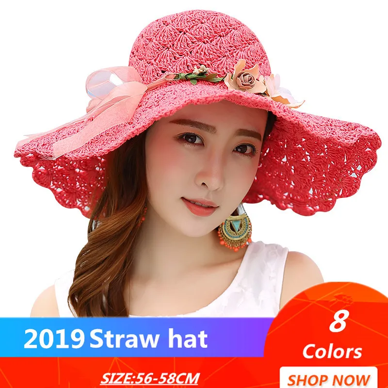 Summer Flower Raffia Bow Sun Hat Women Large Brimmed Hat Folding Beach Sun Hat Sun Protection Uv Panama Hat With Capeu Bone