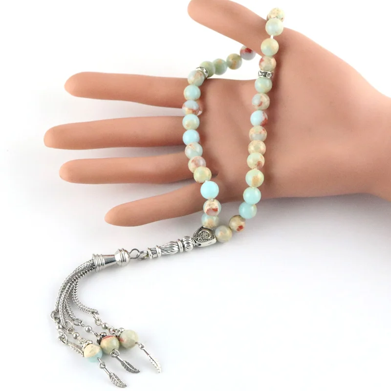 Natural Stone Agate 8mm Green Blue Beads 33 Rosary Islamic Muslim Tasbih Allah Yellow Bracelet Leaf Shape Pendant Bracelet