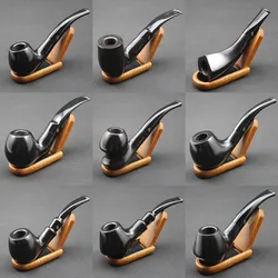 Classic Handmade Natural Ebony Wood Wooden Tobacco Smoking Pipe Set Black Wooden Pipe + Pouch + Holder + 10pcs 9mm Pipe Filters