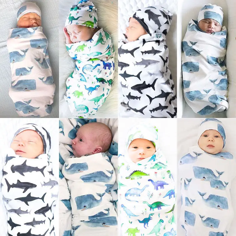 2019 Newest Style Newborn Baby Boy Girl 0-12Months Cute Swaddle Blanket Sleeping Swaddle Muslin Wrap+Hat 2pcs