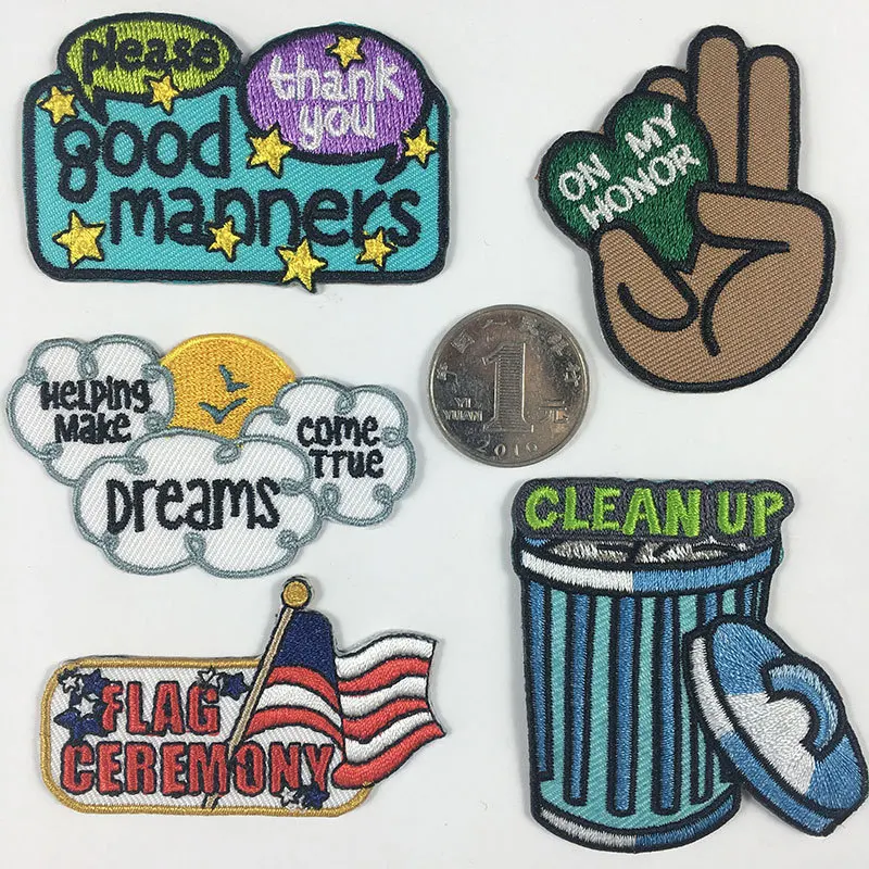 Cartoon Trash Clean Up Embroidered Appliques 3D on my honor Letter Diy Patches Dreams Good Mnaners Words Badges Clothes Decor