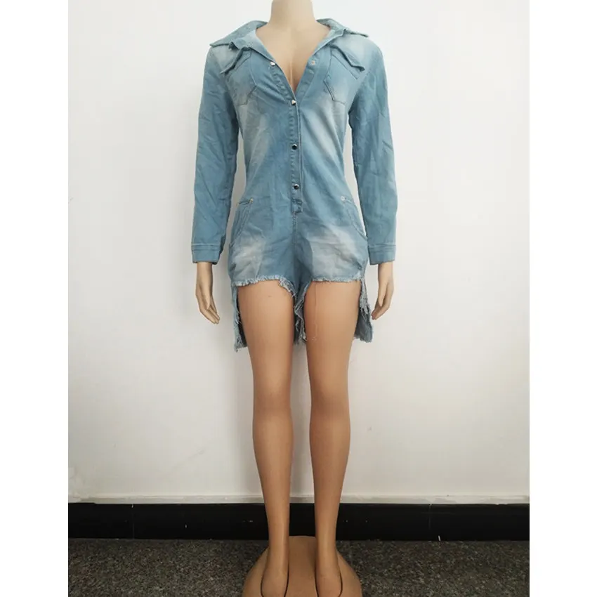 Ripped เสื้อ Denim Playsuits ผู้หญิงฤดูใบไม้ผลิสบายๆแขนยาวสั้น Jumpsuit หลวมแฟชั่น Jumpsuit Rompers