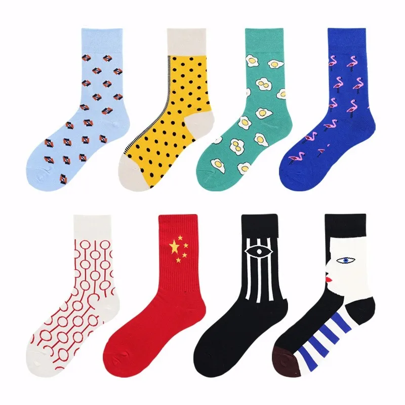 

Men Socks Cartoon Flamingo Dinosaurs Foxes Floret Leaves Point Street Personality Male Hip Hop Skate Happy Cotton Harajuku Socks