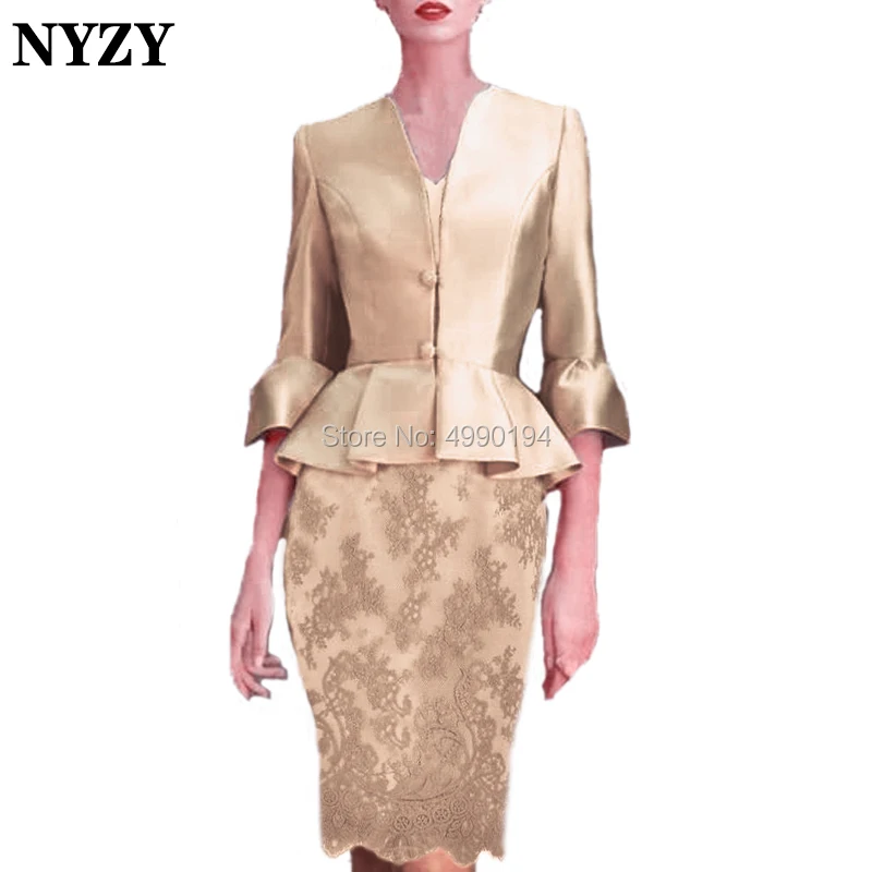 NYZY M138 Elegant Sheath 2 Piece Silver Mother of the Bride Lace Dress with Jacket Bolero Wedding Party vestidos coctel 2019