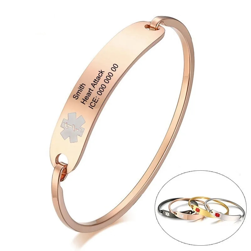 

Free Personalized Medical Alert ID Bracelets for Women Men Engraving Anti Allergy Stainless Steel Cuff Bangle Custom Jewelry