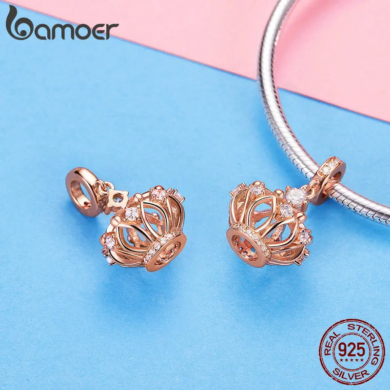 BAMOER New Collection 925 Sterling Silver Princess Crown Pendant Rose Gold Color Charms fit Women Necklaces Jewelry SCC1121