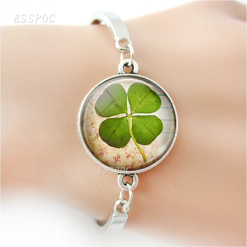 Shamrock Four Leaf Clover Bracelet Glass Dome Lucky Amulet Bangle  Chain Bracelets Women Accessories Jewelry Birthday Gift