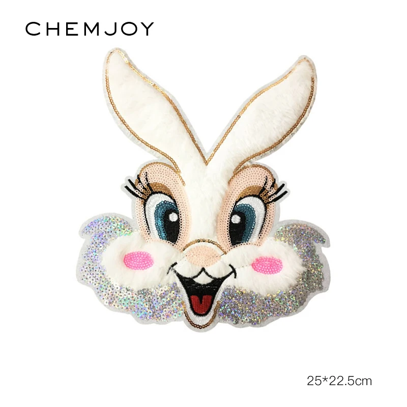 Plush Rabbit Large Patches Sew on Clothes Stickers Embroidery Animal Appliques Sequins Patch for Jacket Clothing DIY Accessories