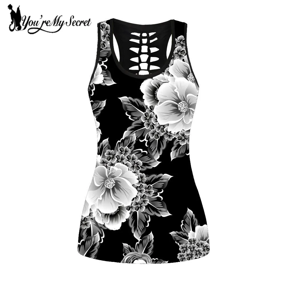 [You're My Secret] Ink Painting Women Sleeveless Tops White Flowers Tank Top Gothic Hollow Out Streetwear Vest Black 2021 Summer