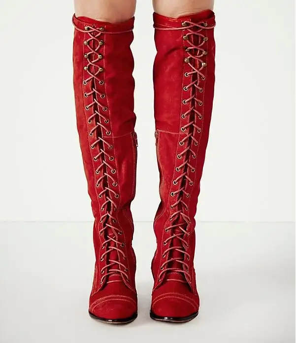 Hot Selling Red Women High Boots Round Toe Lace-up Front Low Chunky Heels Knee High Boots Ladies Ridding Boots Plus Size 10