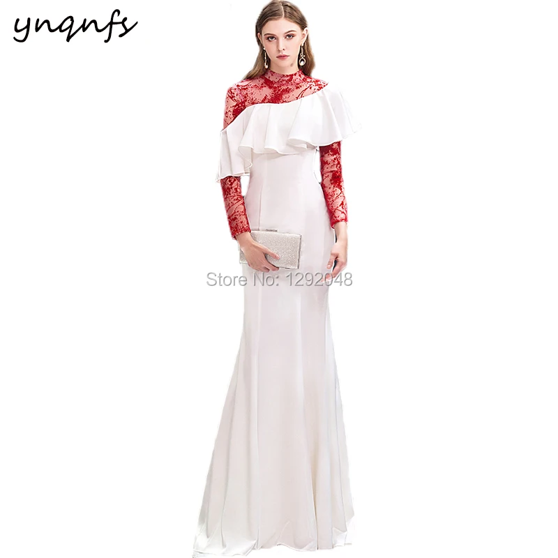 

YNQNFS RE1 Ruffles White Party Gown Wedding Guest Dress Vestido Formal Dress Women Elegant Bridesmaid High Neck Long Sleeve