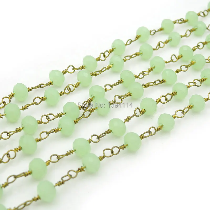 Light Green Glass Faceted Oblaten Beads Wrapped Wire Chain Fit For Making Necklaces Or Bracelets Jewelry