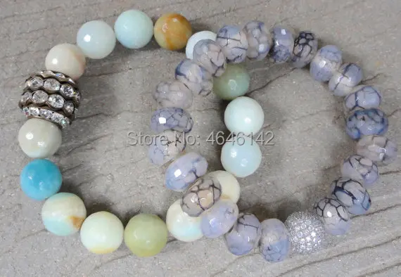 Boho Pave Silver Plated zircon agates Beaded Stretch Bracelets,Amazonite Stack Bracelet