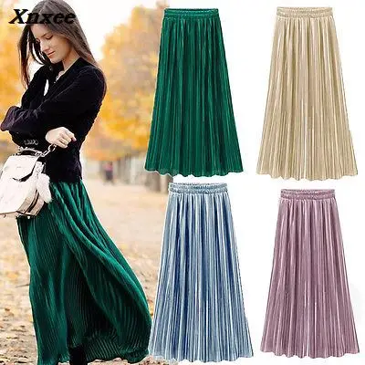 Vintage Women Metallic Luster Stretch High Waist Plain Skater Flared Pleated Long Skirt Gold Sequined Skirts Xnxee