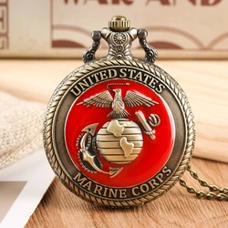 Vintage United State Marine Corps Theme Quartz Pocket Watch Fashion Red Souvenir Pendant Necklace Chain Military Watch Top Gifts