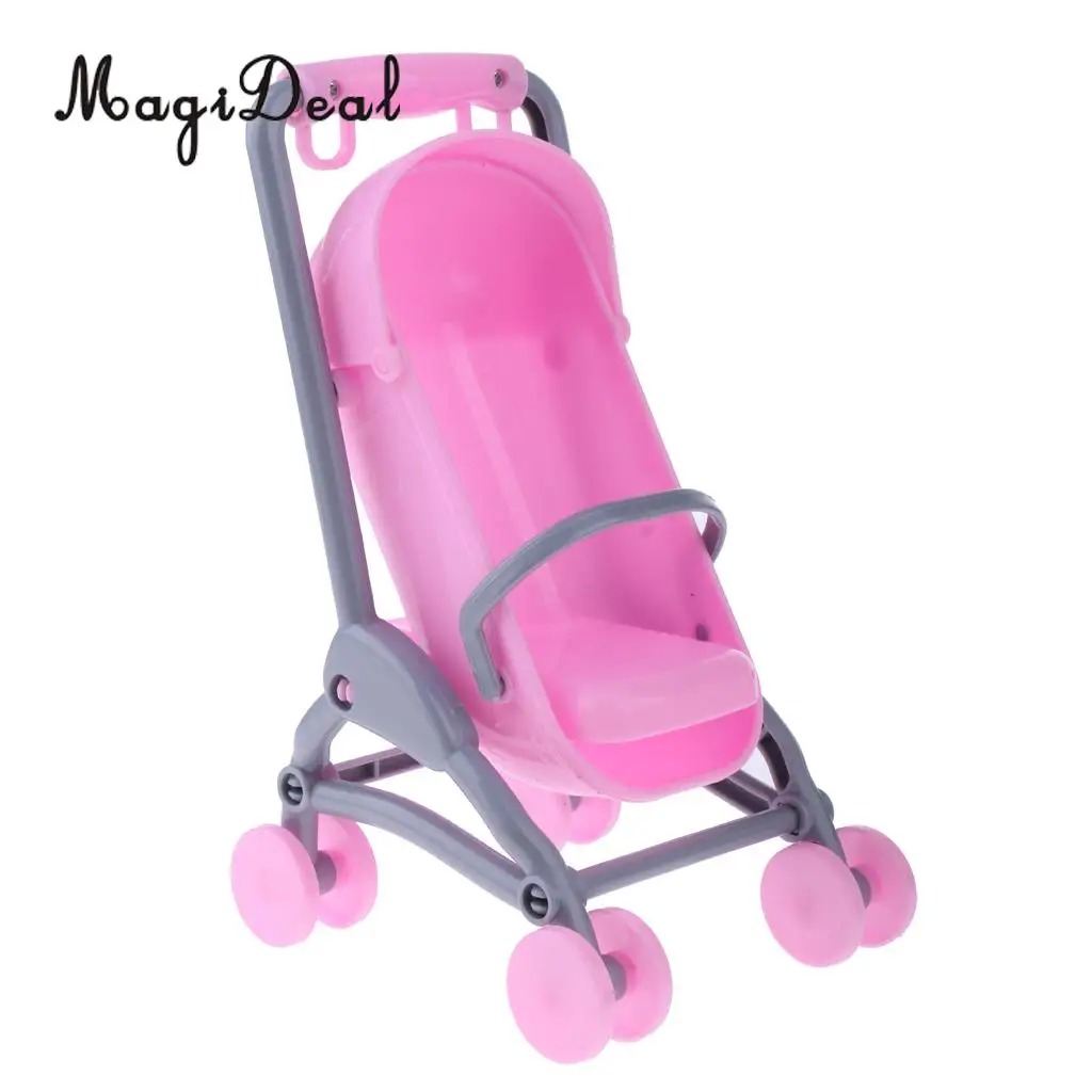 1/6 Pink Dollhouse Miniature Baby Cradle Bed+Stroller Model Furniture Decor for Dolls Accessories Kids Children Pretend Play Toy