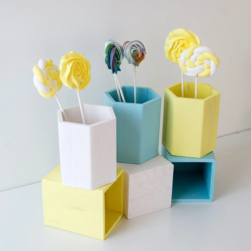 Straw holder cake table decoration Makeup brush Storage flowers vase background Scenery props lollipop Straw wood pot