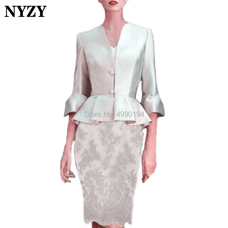 

NYZY M138 Elegant Sheath 2 Piece Silver Mother of the Bride Lace Dress with Jacket Bolero Wedding Party vestidos coctel 2019