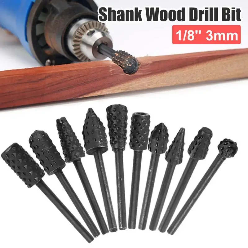 1/8'' 3MM Shank Wood Drill Bit Mini Rotary Rasp File Burr Set 10 PCS/ Set