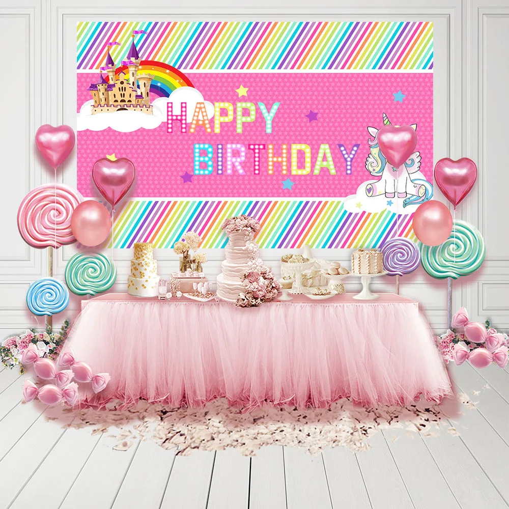 

Sweet Birthday Table Decor Pink Gold Strips Rainbow Unicorn Castle Stars Background Photocall Photobooth Photography Backdrops