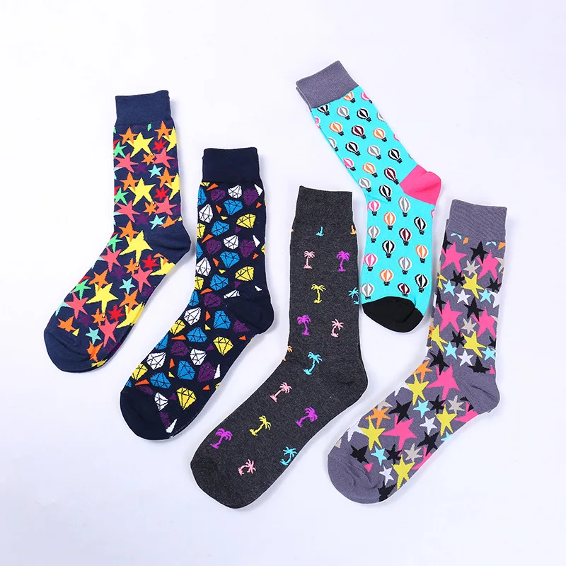 Calcetines de algodón de estilo callejero para hombre, medias divertidas de dibujos animados, globo aerostático, estrella, diamantes, árbol de coco, feliz, Harajuku, Hip Hop, Skate