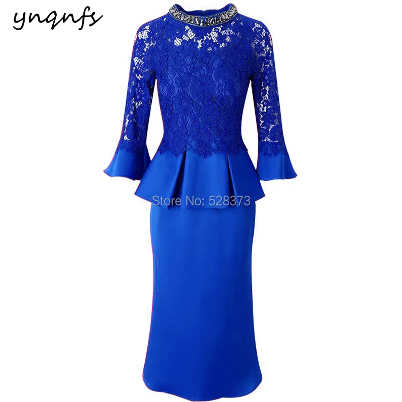 YNQNFS M142 Crystal High Neck Fuchsia Mother of the Bride Lace Dresses 3/4 Sleeve Robe Cocktail Vestido Festa Party Gown 2025