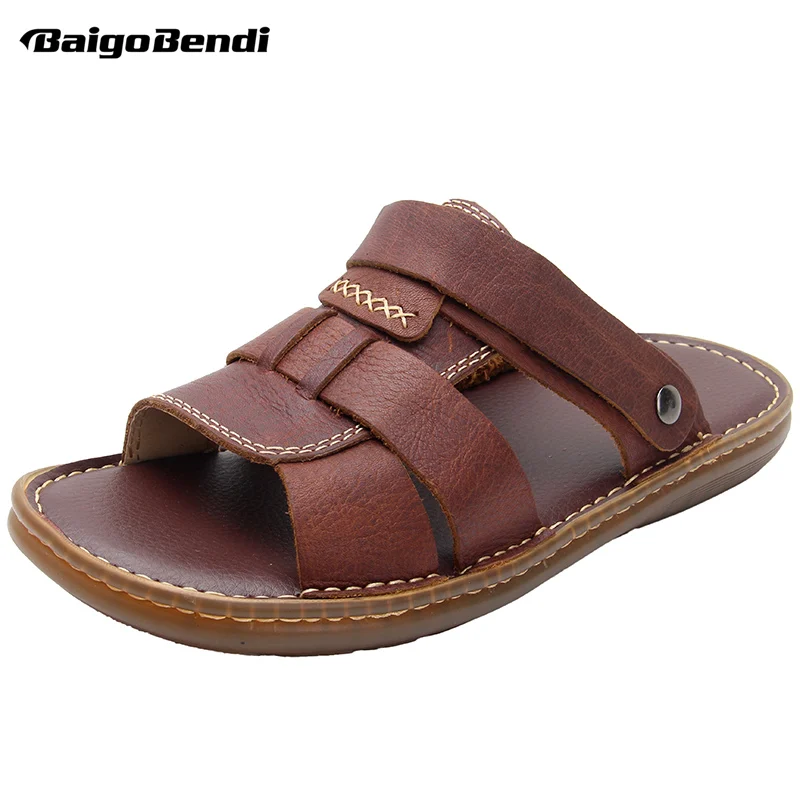 New Fashion Father Summer Sandals Geuine Leather Middle Aged And Old People Slides Casual Soft Shoes