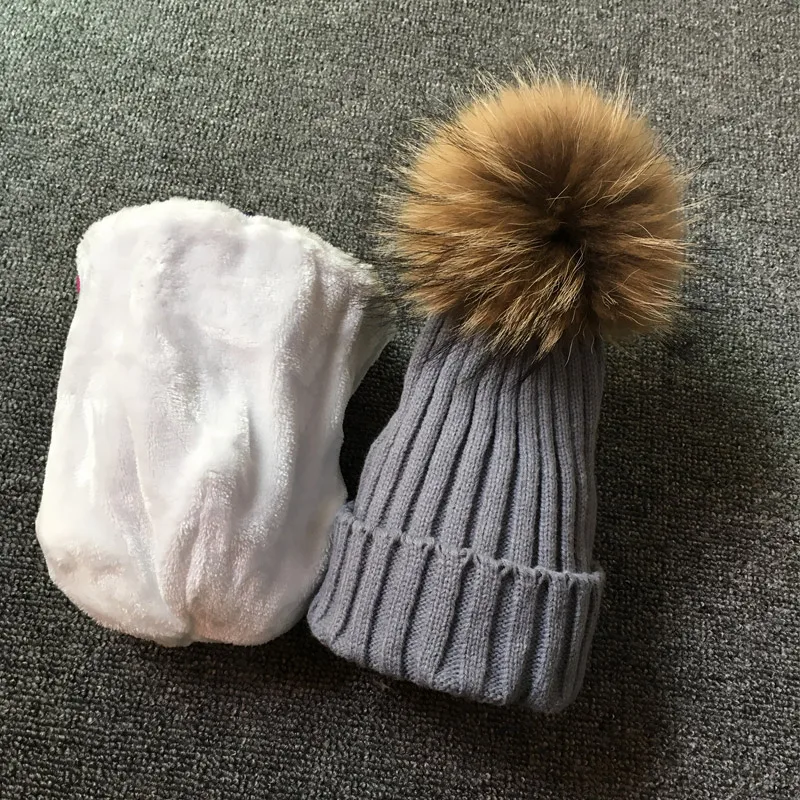 2024 Real Raccoon Fur Ball hats Plus velvet Winter Hat Cap For Kids Boy Girl Warm Fur Pom Poms Ski Hat Fur Pompoms Hat