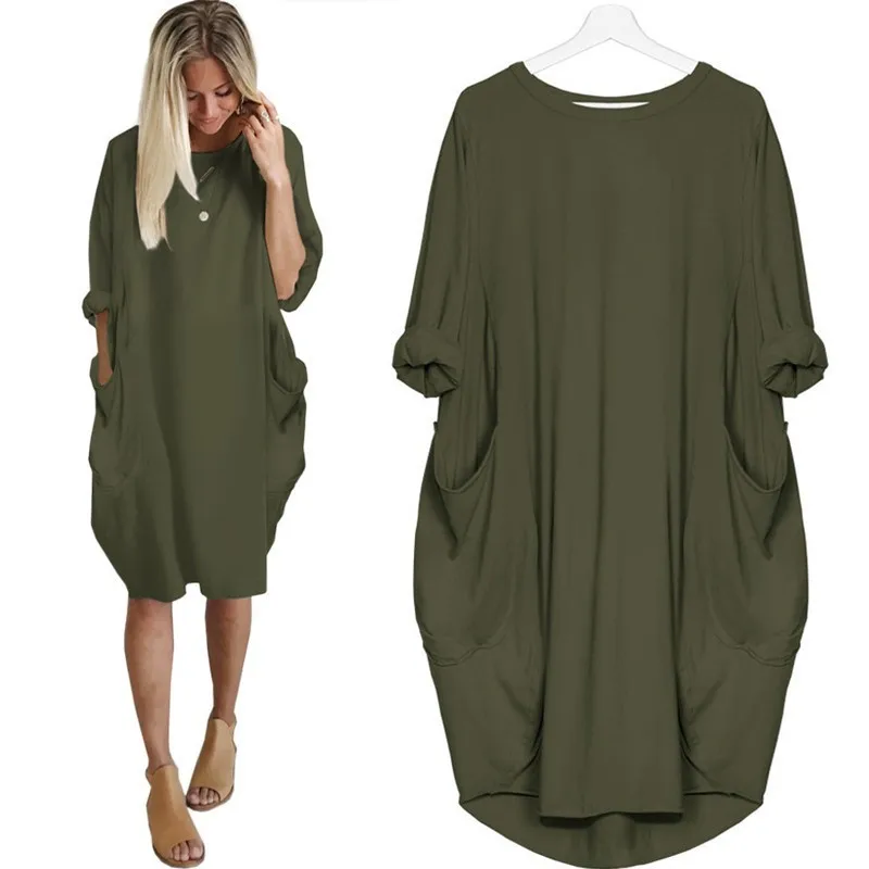 Women Casual Loose Dress with Pocket Ladies Fashion O Neck Long Tops Female T Shirt Dress Streetwear Oversized vestidos